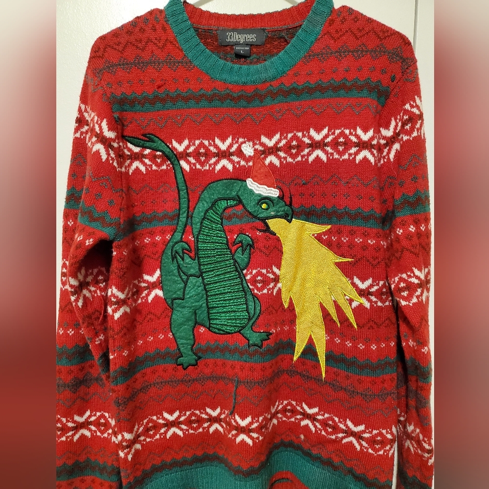 33Degree Dinosaus, Glittery Fire Christmas Mens Sweater Size L